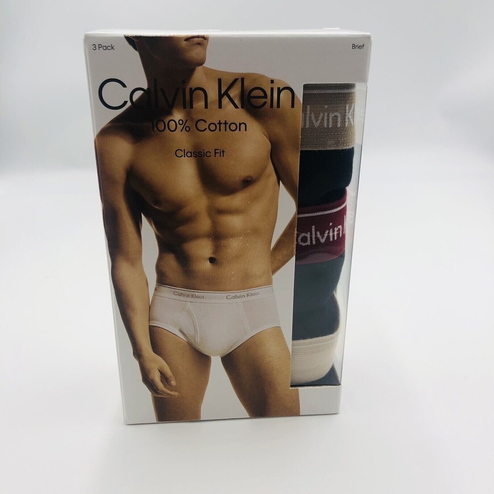 Calvin Klein Mens 3 Pack 100% Cotton Classic Fit Briefs Navy Burgundy Tan 2XL